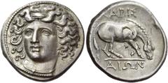 Greek Coins Larissa Drachm circa 350-300, AR 6.09 g. Head of nymph Larissa facing three-quarters l., wearing ampyx, earring and necklace. Rev. ΛAPIΣ / AIΩN Horse crouching r. preparing to roll. Herrma