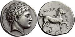 Greek Coins Phalanna Drachm circa 340, AR 5.65 g. Youthful male head r. Rev. ΦΑΛΑ – ΝΝ – [ΑΙΩΝ] Bridled horse prancing r.; below, bunch of grapes and AN in monogram. Coin Hoard III, fig. 2, 4 (this co