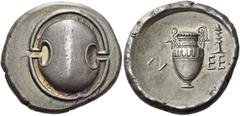 Greek Coins Thebes Stater, magistrate Klee(s)- circa 379-368, AR 12.12 g. Boeotian shield. Rev. Amphora; in r. field, incense burner, KL – EE across field; all within incuse concave circle. Hepworth 6