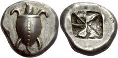 Greek Coins Aegina, Aegina Plated stater circa 510-485, AR 10.84 g. Sea-turtle seen from above, with thin collar and dots running down the back. Rev. Union Jack pattern, incuse. Traité 1012 and pl. XX