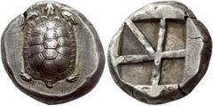 Greek Coins Aegina, Aegina Stater circa 456-431, AR 12.31 g. Tortoise seen from above. Rev. Large skew pattern incuse. SNG Lockett 1983. Dewing 1683. Boston 1116 (this coin). Milbank pl. 2, 12. Struck