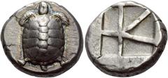 Greek Coins Aegina, Aegina Stater circa 445-431, AR 12.36 g. Turtle seen from above. Rev. Large skew pattern. SNG Delepierre 1837. Mitchiner 304. Lovely light iridescent tone and good very fine Privat