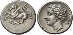 Greek Coins Corinthia, Corinth Drachm circa 350-300, AR 2.72 g. Pegasus flying l.; below, [koppa]. Rev. Head of Aphrodite l., hair bound loosely at back, wearing earrings and necklace; below, A (?) – 