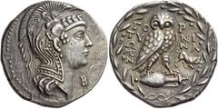 Greek Coins Crete, Gortyna Tetradrachm circa 85, AR 15.82 g. Head of Athena Parthenos r., wearing triple-crested Attic helmet decorated with four foreparts of horses and a Pegasus; below, B. Rev. ΓO –