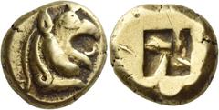 Greek Coins Phocaea Stater circa 580, EL 16.49 g. Head of griffin r. with open jaws and protuding tongue: on forehead pellet. Rev. Quadripartite incuse square. Bodenstedt 1a. Gillet 1118 (this obverse
