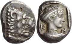 Greek Coins Cnidus Drachm circa 411-394, AR 6.09 g. Forepart of lion r., with open jaws and tongue protruding. Rev. K – N– I Head of Aphrodite r., hair bound. All within incuse square. SNG Copenhagen 