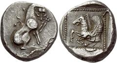 Greek Coins Dynasts of Lycia, Uncertain dynast, circa 500 – 440 Stater, Tlos (?) circa 500-440, AR 9.32 g. Lion seated r., head facing, raising l. foreleg. Rev. Forepart of Pegasus l. with curved wing