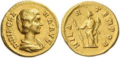 The Roman Empire Didia Clara, daughter of Didius Julianus. Aureus March-May 193, AV 6.66 g. DIDIA CLA – RA AVG Draped bust r. Rev. HILA – R – TEMPOR Hilaritas standing l., holding palm-branch and corn