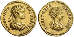 The Roman Empire Caracalla, 198 – 217. Aureus circa 201, AV 7.13 g. ANTONINVS – AVGVSTVS Laureate, draped and cuirassed bust of Caracalla r. Rev. P SEPT GETA – CAES PONT Bare-headed, draped and cuiras