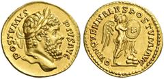 The Roman Empire Postumus, 260 – 269. Aureus, Lugdunum Winter 263-264, AV 5.90 g. POSTVMVS – PIVS AVG Laureate head r. Rev. QVINQVENNALES POSTVMI AVG Victory standing r., l. foot on cuirass, writing o