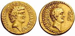 Roman Coins The Roman Republic No.: 33 Estimate: CHF 40000 d=21 mm Marcus Antonius, Lucius Antonius and M. Cocceius Nerva. Aureus, mint moving with Mark Anthony circa 41, AV 8.03 g. M·ANT·IMP·AVG III 