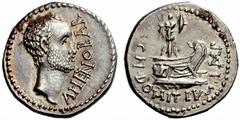 Roman Coins The Roman Republic No.: 34 Estimate: CHF 10000 d=20 mm Cn. Domitius Ahenobarbus. Denarius, mint moving with Cn. Domitius Ahenobarbus 41-40, AR 4.16 g. AHENOBAR Male head r., slightly beard