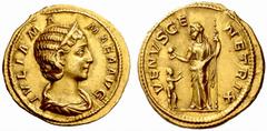 Roman Coins The Roman Empire Julia Mamaea, mother of Severus Alexander No.: 125 Estimate: CHF 80000 d=22 mm Aureus 226, AV 6.35 g. IVLIA MA – MAEA AVG Diademed and draped bust r. Rev. VENVS GE – NETRI