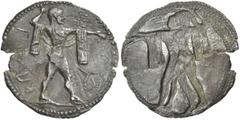 Greek Coins Lucania, Poseidonia. Nomos circa 520-500, AR 28 mm, 6.35 g. ΠOΣ Poseidon bearded, diademed and naked but for chlamys over shoulders, advancing r., hurling trident in upraised r. hand. Rev.