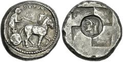 Greek Coins Sicily, Syracuse. Tetradrachm circa 510-490, AR 24 mm, 16.89 g. SVRA Slow quadriga driven r. by clean-shaven charioteer, wearing long chiton and holding reins in each hand. Rev. Head of Ar