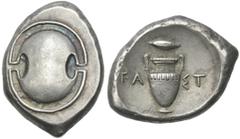 Greek Coins Boeotia, Thebes. Stater circa 395-338, AR 26 mm, 12.27 g. Boeotian shield. Rev. Amphora; above, grain and ΓA – ΣT across field. All within incuse concave circle. Hepworth 36. BCD Boiotia 4