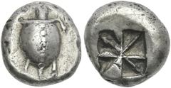 Greek Coins Aegina, Aegina. Stater circa 510-485, AR 20 mm, 11.94 g. Sea turtle seen from above. Rev. Large skew pattern. Ross-Holloway, ANSMN 17, pl. IV and pl. VII, 4. Dewing 1656. Milbank 3-4. Rare