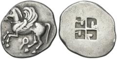 Greek Coins Corinthia, Corinth. Stater circa 550-500, AR 24 mm, 8.36 g. Pegasus flying l.; below, . Rev. Quadripartite incuse square with projections in each quarter. Ravel 34 (these dies). Rosen 225