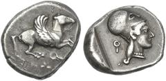 Greek Coins Corinthia, Corinth. Stater circa 480-400, AR 20 mm, 8.52 g. Pegasus flying r.; below, . Rev. Head of Athena r., wearing Corinthian helmet and pearl necklace; behind, . All within partial