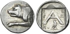 Greek Coins Argolis, Argos. Triobol circa 80-50, AR 16 mm, 2.37 g. Forepart of wolf l. Rev. Large A; below, eagle r. In field, I – A – P –Ω – NO – Σ. All within incuse square. BMC 114 (these dies). BC