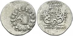 Greek Coins Pergamum. C. Fabius M. f. Cistophoric tetradrachm, magistrate Menophilos, circa 57-56, AR 28 mm, 11.96 g. Serpent emerging from cista mistica; all within ivy-wreath. Rev. C·FABI·M·F / PRO·