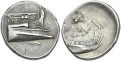 Greek Coins Lycia, Phaselis. Double-siglos circa 250-221, AR 22 mm, 10.32 g. Prow of galley r. decorated with thunderbolt; below, shrimp r. Rev. EYKΛEAΣ / ΦAΣH Stern of galley r.; above, flying eagle 