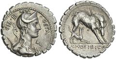 The Roman Republic C. Hosidius C.f. Geta. Denarius serratus 68, AR 19 mm, 4.02 g, 4h. GETA – III·VIR Draped bust of Diana r., with bow and quiver over shoulder. Rev. Boar r. wounded by spear and attac
