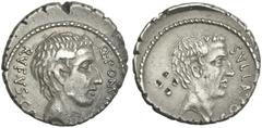 The Roman Republic Q. Pompeius Rufus. Denarius 54, AR 18 mm, 3.93 g, 7h. SVLLA·COS Head of Sulla r. Rev. Q·POM·RVFI Head of Q. Pompeius Rufus r.; behind, RVFVS·COS. Babelon Cornelia 48 and Pompeia 4. 