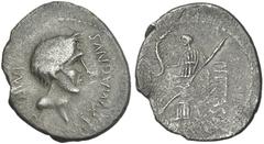 The Roman Republic Sextus Pompeius Magnus Pius. Denarius, Southern Spain 44, AR 18 mm, 2.53 g. SEX MAGN [PIVS] – IMP – B Bare head of Cnaeus Pompeius r. Rev. PIETAS Pietas standing l., holding palm br