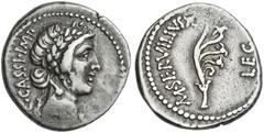 The Roman Republic C. Cassius and M. Servilius. Denarius, mint moving with Brutus and Cassius 43-42, AR 18 mm, 3.84 g. C CASSI IMP Laureate head of Libertas r. Rev. M SERVILIVS – LEG Aplustre, the bra