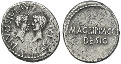 The Roman Republic C. Caesar Octavianus and M. Vipsanius Agrippa. Denarius, mint moving with Octavianus 38, AR 18 mm, 3.68 g. DIVOS IVLIVS – DIVI·F Confronted heads of Julius Caesar, wreathed r., and 