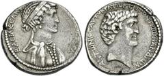 The Roman Republic Cleopatra and Marcus Antonius. Tetradrachm, Antiochia ad Orontem secondary mint (?) circa 36-34, AR 27 mm, 14.89 g. ΒΑCΙΛΙCCA Κ[ΛЄΕΟΠΑΤΡΑ ΘΕΑ ΝΕWΤΕΡΑ] Diademed bust of Cleopatra r. 