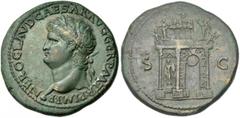 The Roman Empire Nero augustus, 54 – 68. Sestertius circa 64-67, Æ 37 mm, 26.99 g. NERO CLAVD CAESAR AVG GER P M TR P IMP P Laureate head l. with globe at point of bust. Rev. S – C Triumphal arch, hun