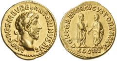 The Roman Empire Marcus Aurelius augustus, 161 – 180. Aureus 161, AV 19 mm, 6.85 g. IMP CAES M AVREL ANTONINVS AVG Laureate head r. Rev. CONCORDIAE AVGVSTOR TR P XV Marcus Aurelius and Lucius Verus st