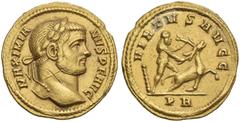 The Roman Empire Maximianus Herculius, 286 – 305, first reign. Aureus 287, AV 19 mm, 4.93 g. MAXIMIA – NVS P F AVG Laureate head r. Rev. VIRTVS AVGG Hercules standing r., kneeling on the Cerynean hind