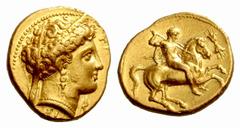 Greek Coins Calabria, Tarentum Stater circa 333-331/0, AV 8.54 g. TA[PA] Diademed and veiled female head (Hera) r.; below chin, dolphin and below neck truncation, ΣΙ. Rev. Naked raider on horseback r.