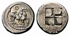 Greek Coins Aegae Stater circa 470-460, AR 10.52 g. Goat kneeling r., head reverted; above, dotted Θ. Rev. Quadripartite incuse square. Svoronos, Hellenesime Primitif, pl. I, 2. AMNG III, pl. V, 24. A