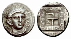 Greek Coins Amphipolis Tetradrachm circa 368-367, AR 13.98 g. Laureate head of Apollo facing three quarters to r., hair falling loose at the sides of his head; in field r., feline advancing upward wit