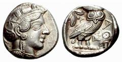 Greek Coins Western Asia Minor Athenian styled issues. Tetradrachm, uncertain mint Western Asia Minor 4th century BC, AR 17.08 g. Head of Athena, wearing crested helmet decorated with olive leaves and