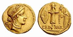 The Roman Republic Julius Caesar. Aureus, mint moving with Caesar 13 July 48-47 BC, 8.55 g. Female head r., wearing diadem and oak-wreath; in field l., ⊥II. Rev. CAE – SAR Trophy with Gallic shield an