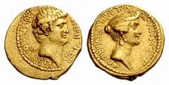 The Roman Republic Marcus Antonius and Octavia. Aureus, mint moving with Mark Antony circa 38, AV 8.03 g. M·ANTONIVS·M· F·M·N·[AVGVR]·IMP·TER Bare head of Mark Antony r. Rev. COS·DESIGN ·ITER·ET·TER·I