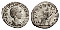 The Roman Empire Tranquillina, wife of Gordian III Denarius 241, AR 3.00 g. SABINIA TRANQVILLINA AVG Diademed and draped bust r. Rev. CONCORDIA AVGG Concordia seated l. on high-backed throne, holding 