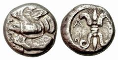 Auction 46 Part II Greek Coins Elis, Olympia Stater circa 460, AR 11.80 g. Eagle flying l., with snake in its beak. Rev. A – [F] Winged thunderbolt upright. Seltman, Olympia cf. 16, unlisted dies. SNG