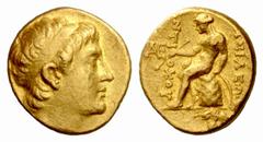 Auction 46 Part II Greek Coins Seleucid kings of Syria, Antiochus II, 261 – 246 Stater, Aegae after 252, AV 8.57 g. Diademed head of Antiochus II r. Rev. Apollo seated l. on omphalos, holding arrow an