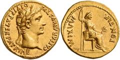 The Roman Empire Octavian as Augustus, 27 BC – 14 AD Aureus, Lugdunum 13-14, AV 7.56 g. CAESAR AVGVSTVS – DIVI F PATER PATRIAE Laureate head r. Rev. PONTIF – MAXIM Pax-Livia figure seated r., holding 