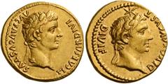 The Roman Empire Tiberius augustus, 14 – 37 Aureus, Lugdunum 14-16, AV 7.82 g. TI CAESAR DIVI – AVG F AVGVSTVS Laureate head of Tiberius r. Rev. DIVOS AVGVST – DIVI F Bare head of Augustus r., above, 