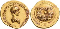 The Roman Empire Nero caesar, 50 – 54 Aureus 50-54, AV 7.72 g. NERONI CLAVDIO DRVSO GERM COS DESIGN Bare headed and draped bust r. Rev. EQVESTER / OR – DO / PRINCIPI / IVVENT on shield set on vertical