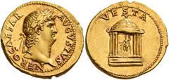 The Roman Empire Nero augustus, 54 – 68 Aureus circa 65-66, AV 7.36 g. NERO CAESAR – AVGVSTVS Laureate and bearded head r. Rev. VESTA Domed hexastyle temple; within which, statue of Vesta seated facin