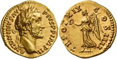 The Roman Empire Antoninus Pius augustus, 138 – 161 Aureus 155-156, AV 7.34 g. ANTONINVS AVG – PIVS P P IMP II Laureate head r. Rev. TR POT XIX – C – OS IIII Victory advancing l., holding wreath and p