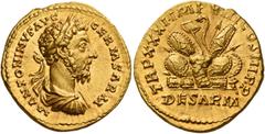 The Roman Empire Marcus Aurelius augustus, 161 – 180 Aureus 176-177, AV 7.22 g. M ANTONINVS AVG – GERM SARM Laureate, draped and cuirassed bust r. Rev. TR P XXXI IMP VIII COS III P P Pile of arms; in 